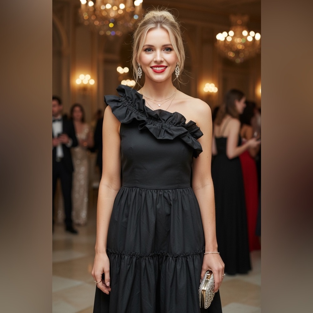 NWT ChePè Black One Shoulder Ruffle Tiered Maxi Dress XS